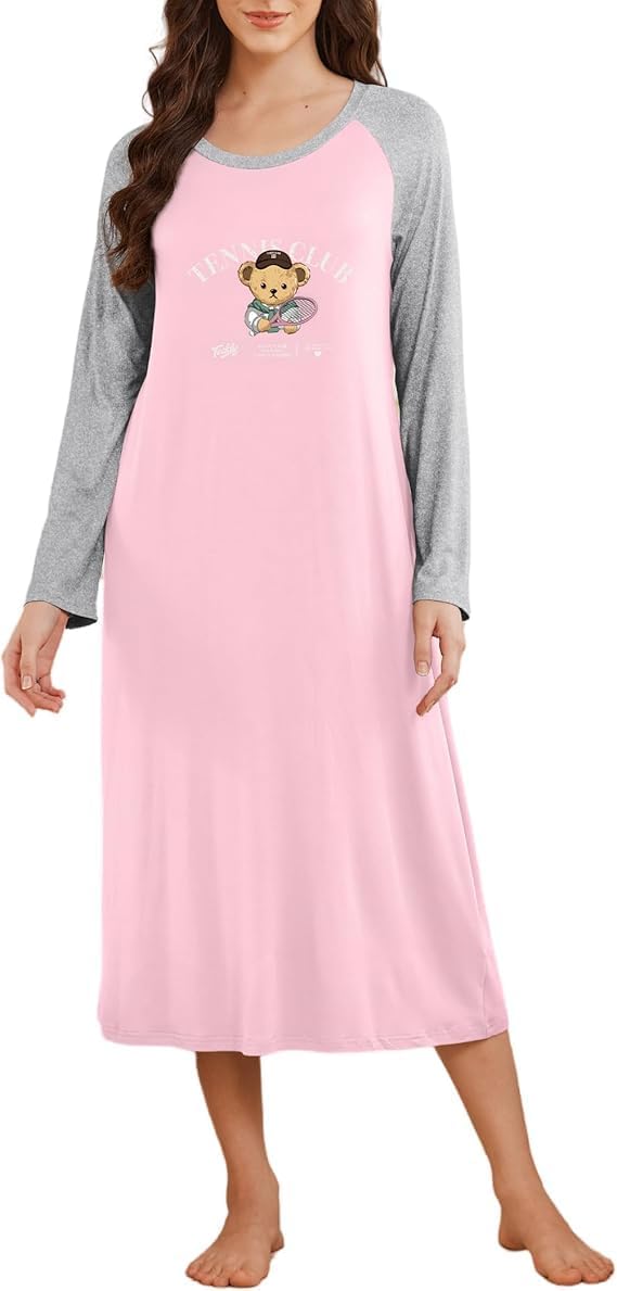 Ekouaer Nachthemd voor dames, lange mouwen, nachtjurk, print met ronde hals, zacht en licht, S-XXL, groen, L