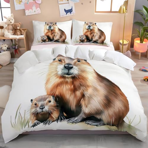 MULERN Single Duvet Set, Microfibre Hypoallergenic Bedding Set (135x200cm), Reversible Duvet Cover Sets, Cute Ultrasoft Quilt Bed Sets Watercolor Beaver Pattern With Pillow Cases