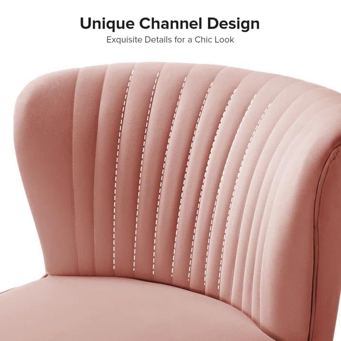 Image of Modern Upholstered Accent Velvet Chair Single Seater Channel Tufted Wing Back Chair with Golden Matel Legs for Living Room, Bedroom, Dining Room, Pink