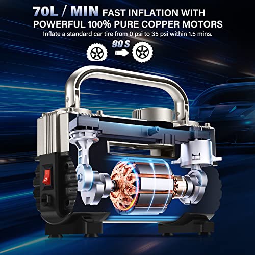 Gspscn 202 Silver Tire Inflator Heavy Duty Double Cylinders With Portable Bag- Car Accessories,Metal 12V Air Compressor Pump 150Psi thumb #2