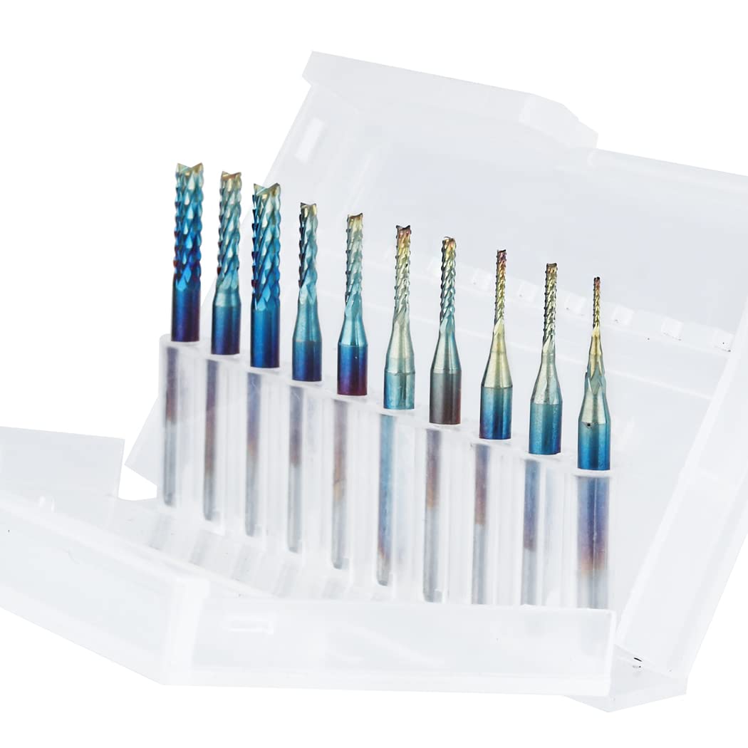 Treki 10pcs Jeu de Fraise Bavures CNC Carbure de Tungstène Nano Bleu, Tige 3MM Fraises en Bout pour Machine de Gravure Carte de Circuit Imprimé PCB SMT