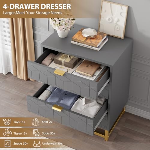 Grey Dresser, 4 Drawer Dresser for Bedroom, Modern Dressers with Gold Metal Handles for Living Room, Hallway, Entryway