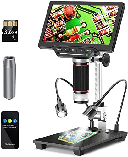Dcorn 7 HDMI LCD Digital Microscope, 1200X Coin Microscope for Adults, 16MP HD Camera Video Microscope with LED Lights Touch Control, TV Windows Mac Compatible, 32GB TF Card Included