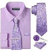 Barry.Wang Solid Colors Mens Dress Shirt and Tie Set Formal Business Wedding Shirts Long Sleeve B...