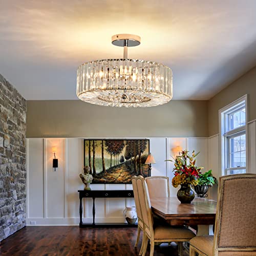 Image of Piepooye 4 Lights Modern Crystal Chandelier Chrome Round Semi Flush Mount Ceiling Light Fixture Farmhouse Chandelier for Dinning Room Living Room Bedroom Hallway Entryway Kitchen