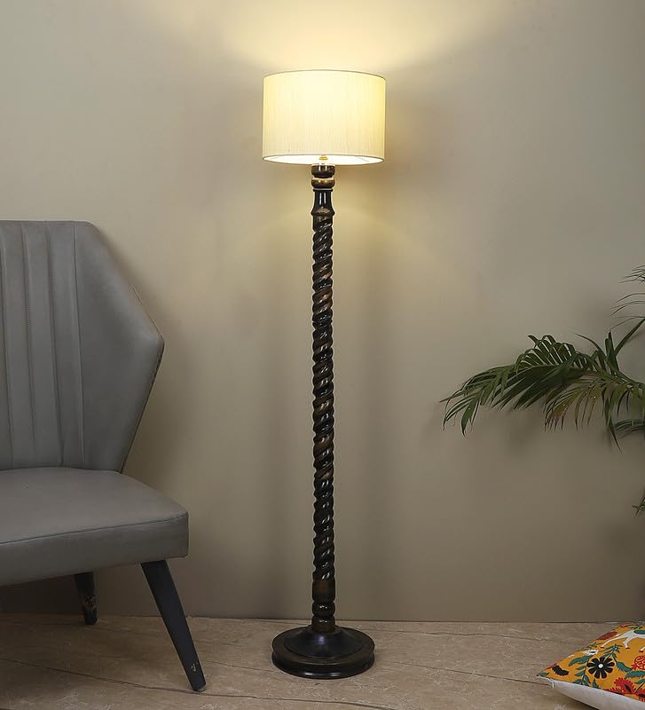 Image of tu casa Mango Wooden Floor Lamps with Spiral Base & Beige Jute Shade for Home Decor, Bedrooms Corner, Living Room, Gifting, Diwali Decoration, Hall, Office (Height: - 56 inch) - Bulb not Included