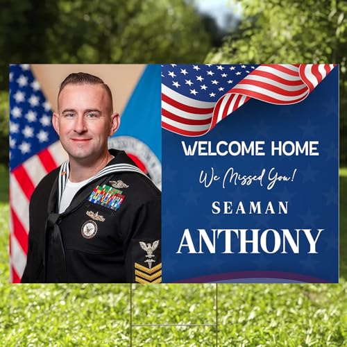 Personalized Welcome Home Military Yard Sign with Photo – Custom Name & Picture Outdoor Banner for Soldier, Marine, Airman or Veteran – Patriotic Red White Blue Lawn Decoration (Design 3).