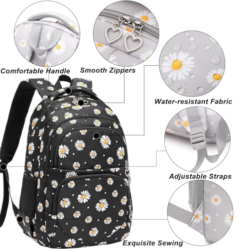 Createy Girls Backpack, Daisy Backpack for Girls School Bags Elementary Bookbags Primary School Backpack Kids Backpack with Lunch Box and Pencil Case3