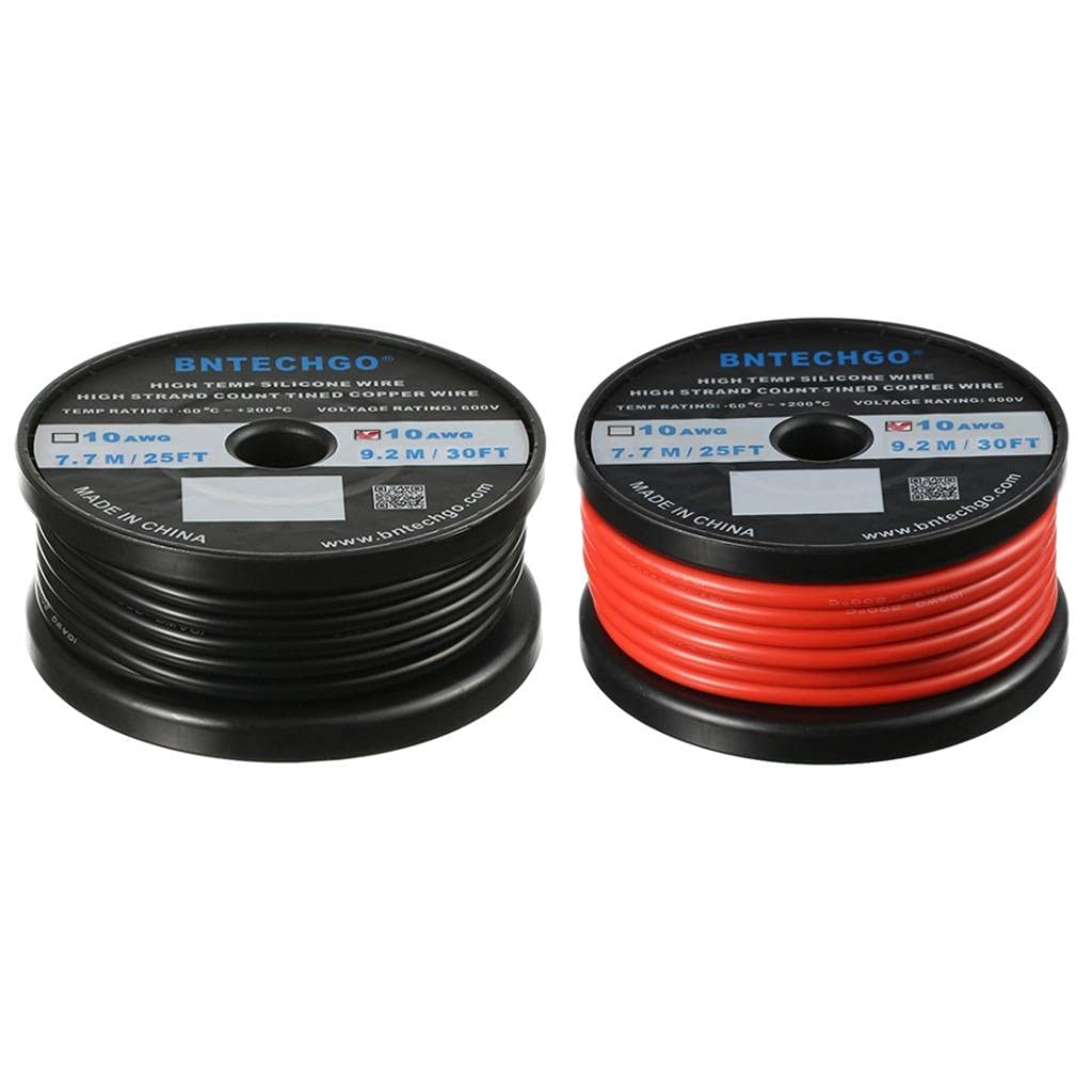BNTECHGO 10 Gauge Silicone Wire Spool red and Black Each 30ft Flexible 10 AWG Stranded Tinned Copper Wire