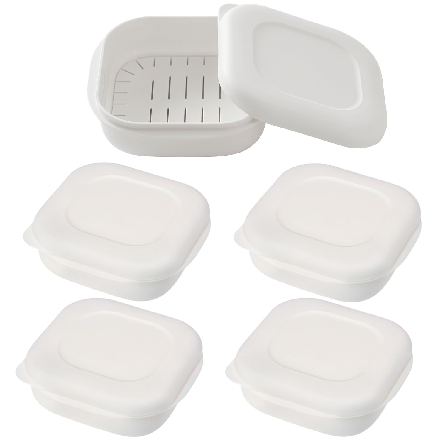 Marna (Marna) Goku Frozen Rice Container (Non-stick, with Slatted Tray/Microwave and Dishwasher Safe) Rice Storage Container (Evenly Thaws) Rice Freezing Storage Container BPA-Free White 5-Piece Set :