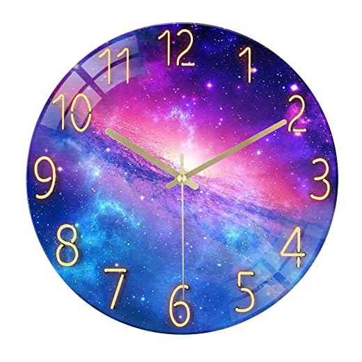Lafocuse 12 Inch Silent Purple Wall Clocks Battery Operated for Bedroom, Cool Space Galaxy Analog Clock for Living Room Decor, Glass