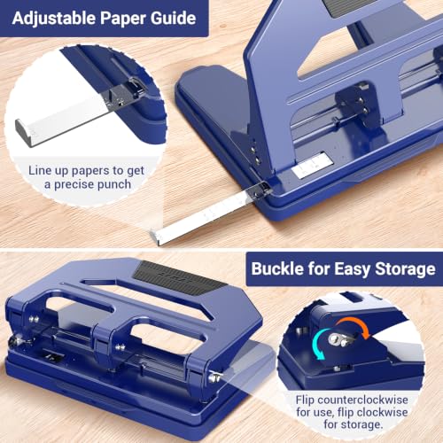 Image of AFMAT Heavy Duty 3 Hole Puncher, 50-Sheet Paper Punch Heavy Duty, 50% Reduced Effort Three Hole Punch, 10K+ Uses, Metal Hole Puncher 3 Ring w /Large Tray, Bulit-in S.S. Paper Guide HPX4(Blue)