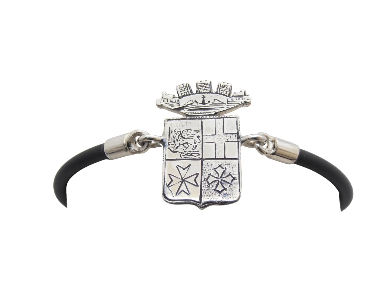 Marina Militare Italiana : Braccialetto in Argento 925 e Caucciù - Bracciale con lo Stemma - Fregio - Simbolo - Marinaio