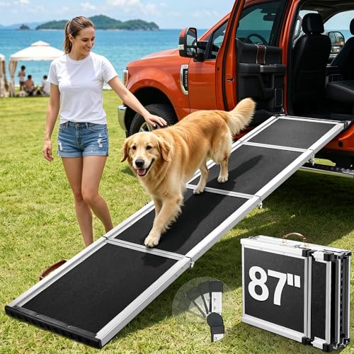 87 Extra Long Dog Ramp for Pickup Truck 17 Wide Aluminum Alloy Foldable Pet Car Ramp for Large Dogs 200 lbs Upgraded 90 Ratchet-Adjustable Head Anti-Slip Portable Dog Ramp for SUV Side Door