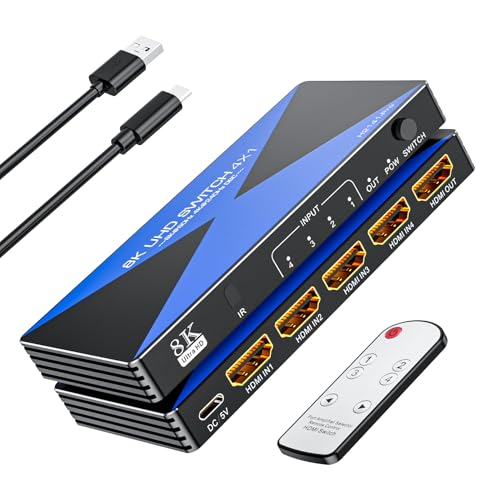8K@60Hz HDMI Switch 4 in 1 Out. ALYYDBG 4K@120Hz/240Hz HDMI 2.1 Switcher Supports Dynamic HDR10+ HDCP 2.3 CEC Works with Gaming Consoles TV Box Stick Computer to TV Monitor Projector