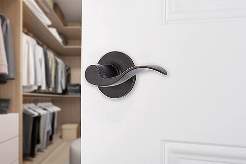 Miniatura 2 de BRINKS Paquete de 6 manijas de puerta de paso interior de transición de bronce toscano - Manija de puerta ondulada sin llave con acabado de bronce