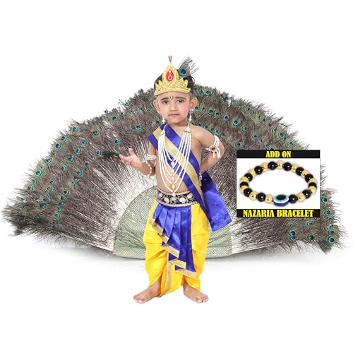 Image of Krishna Dress for Kids, Baby Krishna Dress for Janmashtami with Krishna Mukut, Peacock Feather & Flute Embroidered Krishna Costume for Girl & Boy, 3 Months-8 Years