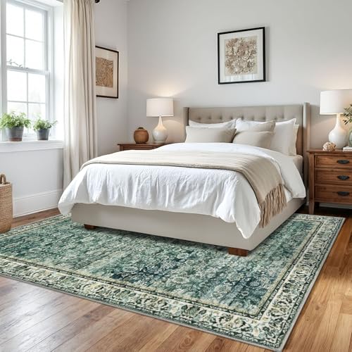Green Blue 6x9 Area Rug for Living Room, Large Washable Bedroom Rugs, Soft Vintage Floral Non-Slip Non-Shedding Traditional Farmhouse Carpet for Nursery, Dining Room, Playroom
