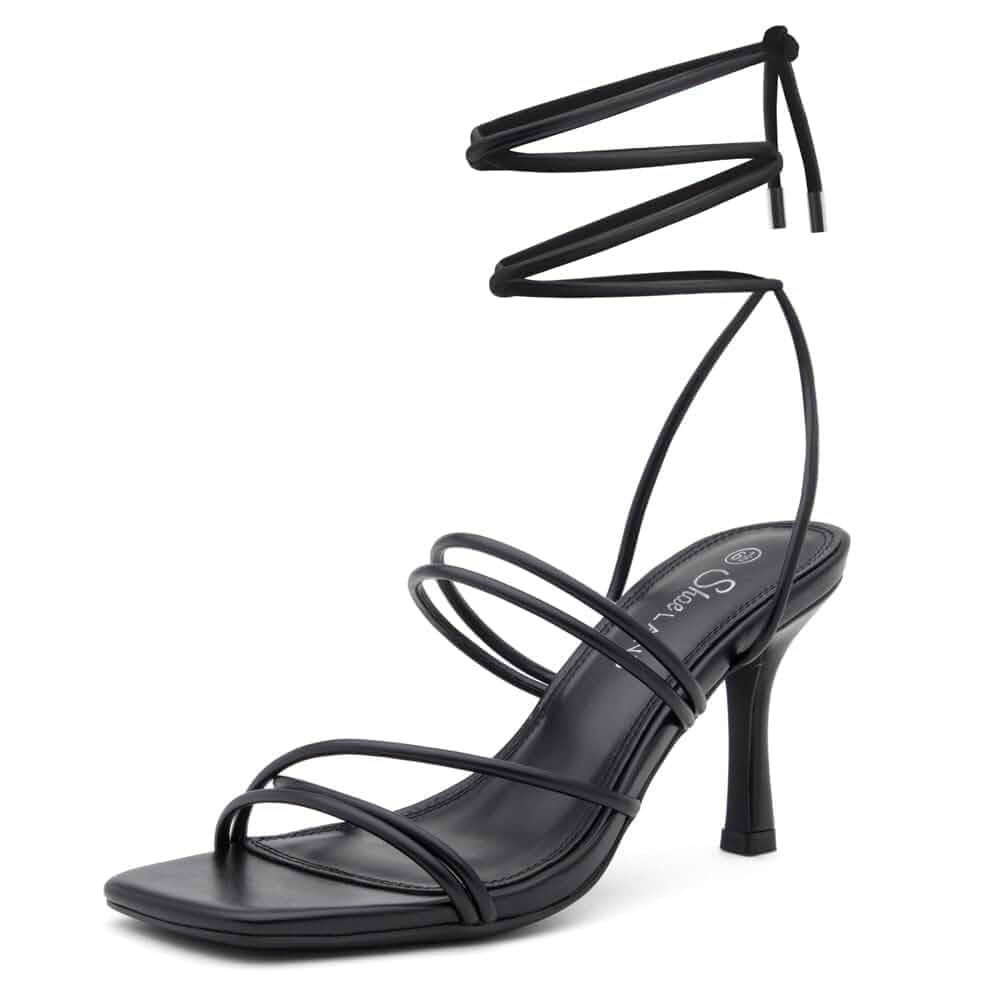 Shoe Land Women's Strappy Heels – Square Open Toe Lace-Up Heeled Sandals with Adjustable Ankle Wrap, Comfy 3-Inch Stiletto Dressy Evening High Heels for Wedding & Party