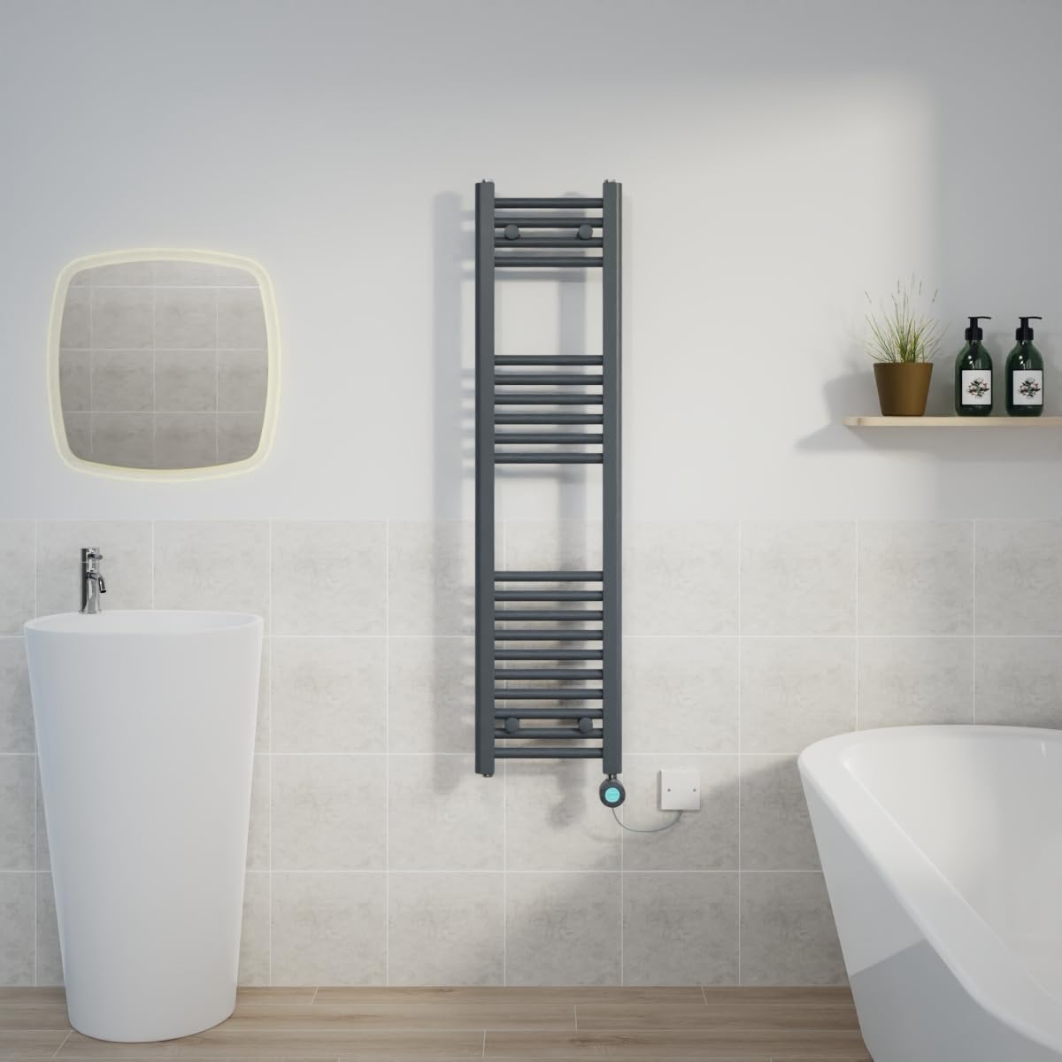 Warmehaus 600W Electric Thermostatic Heated Towel Rail Bathroom Radiators Straight with LCD Display Timer - Anthracite - 1200x300mm