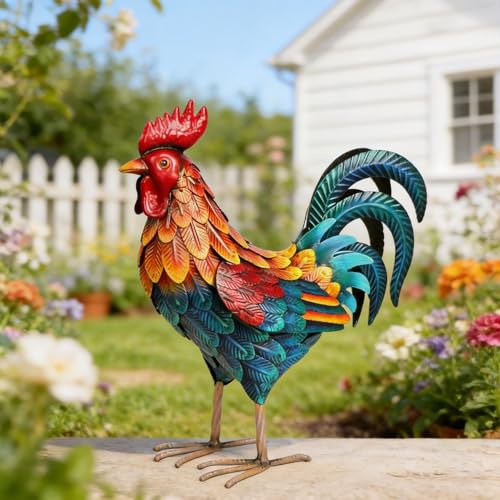 Shorayn Metal Rooster Statues Outdoor Garden Decor Metal Chicken Sculptures & Statues Chicken Ornaments Yard Art for Backyard Patio Lawn Decorations