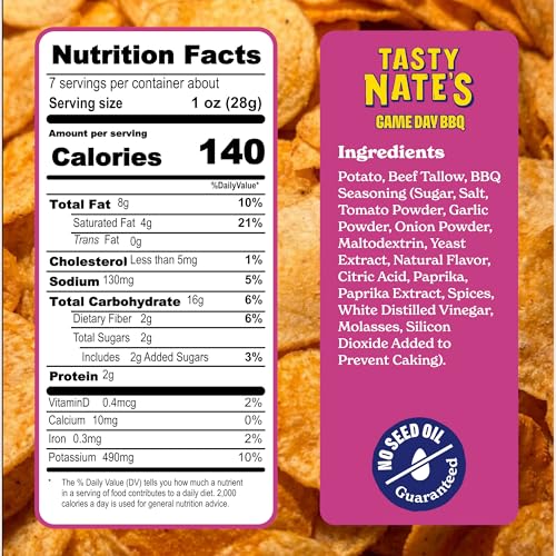 Image of Tasty Nate's Beef Tallow Potato Chips - Game Day BBQ Flavor Kettle Chips Fried in 100% Beef Tallow Seed Oil Free - Gluten Free Healthy Snacks Paleo Friendly 7oz Bag - Pack of 4