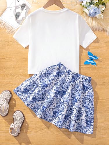 Image of SHENHE Girl's Floral Ruffle Skirt Outfits Embroider Butterfly Short Sleeve T Shirt Top and Skirt Set Blue White 12 Years