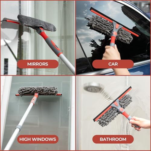 Image of Window Squeegee Cleaning Tool with 63 inch Long Handle, 14 inch Streak-Free Blade, Machine Washable Microfiber & Chenille Pads, Rotatable Head for Glass, Mirrors, Shower, Car, High Windows