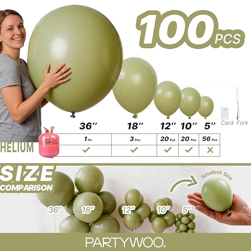 Image of PartyWoo Sage Green Balloons 100pcs Different Sizes of 36 18 12 10 5 Inch Olive Boho Green Latex Balloon Arch Kit for Wedding Birthday Dinosaur Jungle Golf Football Theme Party Decorations Green-F11