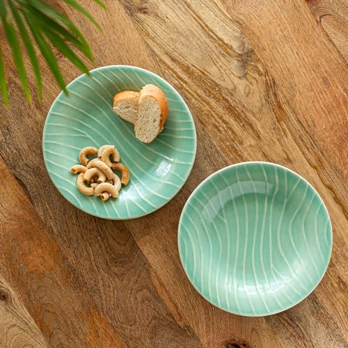 Image of ExclusiveLane 'Caribbean Green' Ceramic Pasta Bowls /Plates (Set of 2, Microwave & Dishwasher Safe) | Hand-Etched Bowl for Serving Bowl /Plates for Kitchen Snacks Serving Bowl Ceramic Serveware