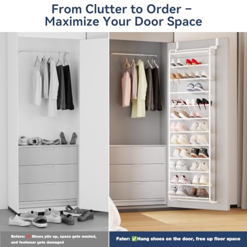 Image of Whitmor 36 Pair Over the Door Shoe Rack,12 Tier Hanging Shoe Organizer with Metal Frame & Mesh Shelves, Heavy Duty Shoe Storage Holder for Door,No Drill Installation, 74 inchH x 21.7 inchW x 7.5 inchD, Matt White