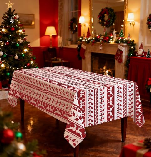 HEIPINIUYE 3 Pack Christmas Tablecloth Disposable 54 x 108 Inch Red and White Xmas Plastic Table Cloth Disposable Rectangle Table Cover for Christmas Birthday Picnic Party Xmas Tablecloths – Image 7
