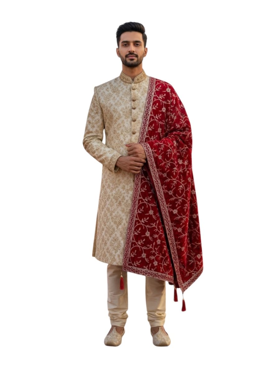Choice Own First Red colour mens shervani dupatta/Fabric velvet-image-18