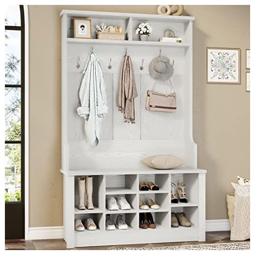 Itaar Hall Tree with Storage Bench, 3-in-1 Entryway Bench with Coat Rack, Hall Tree with Bench and Shoe Storage, Hall Tree with Adjustable Shoe Storage and Hanging Hooks, Embossed White