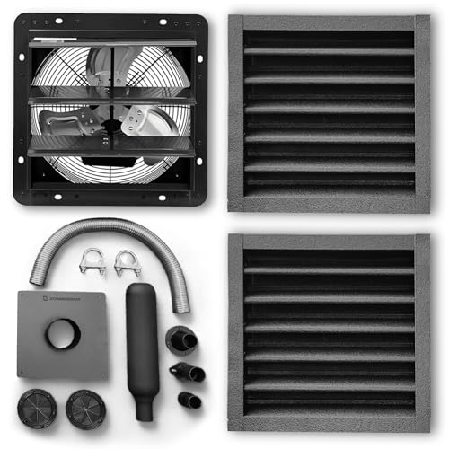 DIY Generator Shed Ventilation & Exhaust Kit with Cooling System. Includes High-Flow Shutter Fan Flexible Exhaust Extension Weatherproof Louvered Vents and Cable Grommets for Outdoor Enclosures
