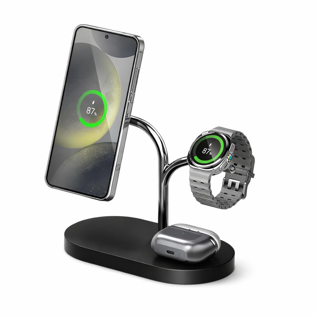 Caricabatterie a induzione Samsung S25, magnetico 15 W, ricarica simultanea: smartphone, watch, buds (caricatore totale 45 W). Stazione di ricarica 3 in 1, allineamento magnetico stabile, design