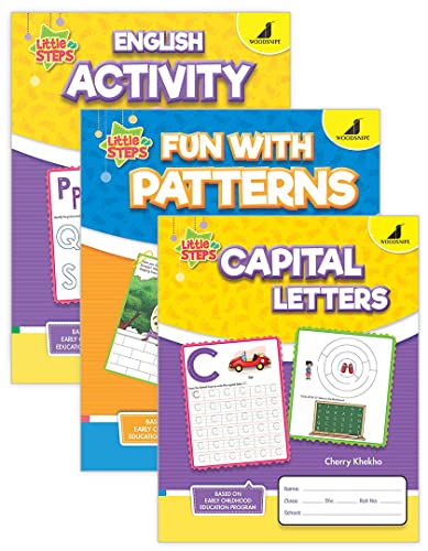 Image of Woodsnipe Alphabet Writing Practice Books for Preschool Ages 2 to 4 Years| 3 Book combo to teach Pattern Writing, Capital Letters with Ample Activity Worksheets on Tracing, Colouring, Puzzles & more