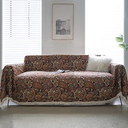 DREAMINGO Paisley Jacquard Couch Cover Vintage Boho Sofa Covers 2 Cushion Couch Cotton Linen Couch Cover for Dogs Wear Resistant Pet Furniture Protector Brown Loveseat Futon Slipcover 71"x118"