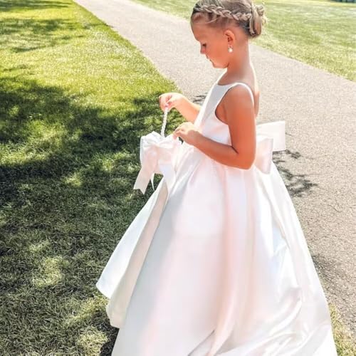 Elegant Satin Flower Girl Dresses for Wedding Floor Length Bow-Knot A-Line Princess Pageant Formal Gown3