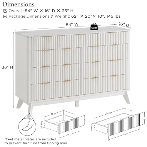 Image of T4TREAM 54 inch Wide Fluted 9 Drawer Dresser for Bedroom, Solid White | Mid Century Modern, Faux Marble Top, Curved Profile, Metal Handles, Anti-tip Kit, Smooth Slides, for Living Room, Hallway