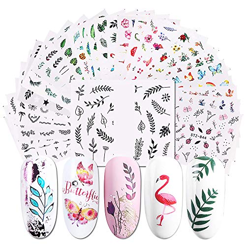 Nail Stickers Decals for Nail Art - Flamingo Decor Butterfly Designer Nail Stickers for Acrylic Nails Water Transfer Leaf Flower Designs Decorations for Women Nail Tattoos for Gel Polish - 29 Sheets