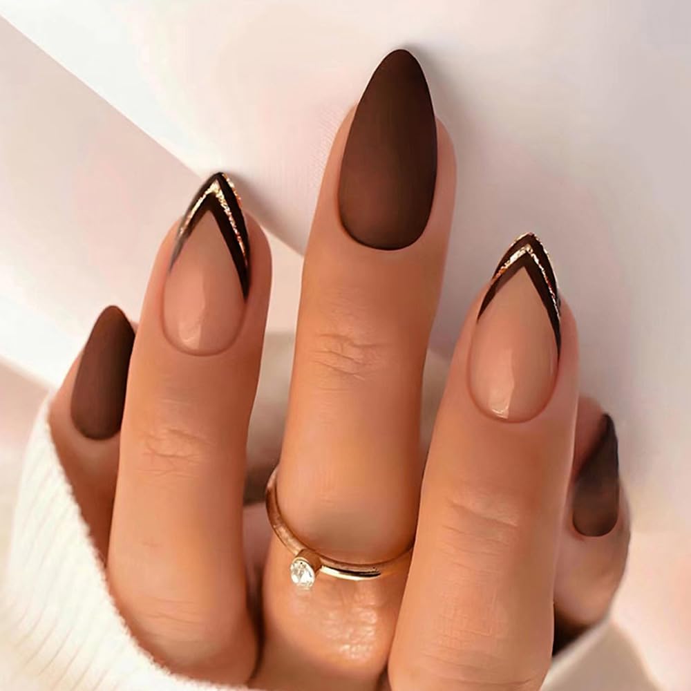 Photo 1 of ANDGING Matte Red Press on Nails Almond Short Medium French Tip fake on Nails with Striped Design Fake Nails for Wedding Birthday Acrylic False Nails Women Girls 24Pc Gel Stick on Nail with fake AL99