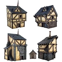 War World Gaming Fantasy Village مجموعة من 4 منازل بمقياس بطولي 28 ملم Wargaming Terrain Model Diorama Scenery Wargame Tabletop Medieval Battle Wargame Battleboard