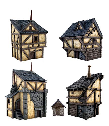 War World Gaming Fantasy Village Set of 4 Houses – 28mm Heroic Scale Wargaming Terrain Model Diorama Scenery Wargame Tabletop Medieval Battle Wargame Battleboard
