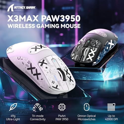 Image of MAMBASNAKE Attack SHAKR X3MAX Wireless Gaming Mouse,PixArt PAW3950 42000 DPI,49g Ultralight Tri-Mode(BT5.4 /2.4GHz /Wired), 1K Polling Rate Programmable Computer Mice for PC /MAC /Win - White&Tape