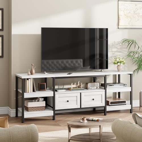 Garvee Industrial TV Stand with 2 Drawers, 79 in Entertainment Center, Fits TVs Up to 85 in, Rustic Style Media Console with Storage Shelves, White - image 1