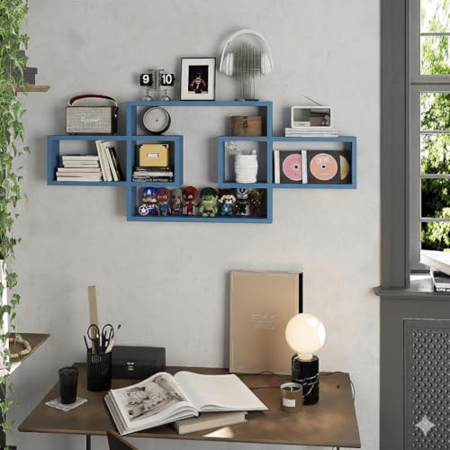 Image of Wooden Wall Shelves for Living Room, Bedroom Wall Mounted Rectangle Bookcase, Intersecting Wall Shelves for Storage Modern Decorative Display Shelves for Wall Decor (Blue)