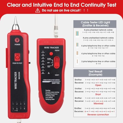 Image of Cables Kart Lan Tester with Wire Tracker, Tester, Cable Tracker, RJ11 RJ45 Line Finder Cable Tester for Network LAN Ethernet Cable Collation, Phone Telephone Line Tester with 2X 9V Batteries