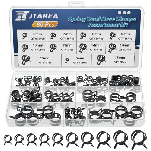 JTAREA Spring Band Hose Clamps Assortment Kit 10Sizes 80Pcs 5mm 6mm 7mm 8mm 9mm 10mm 11mm 14mm 15mm 16mm Hose Clamp Abrazaderas