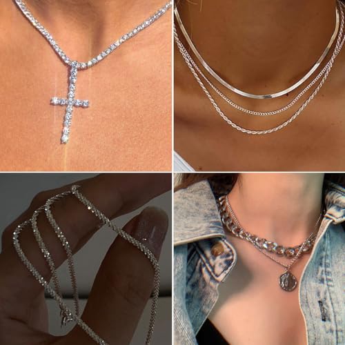 116 Pcs Silver Jewelry Set with 7Pcs Layered Necklace, 11 Pcs Bracelet and 22pcs Hoop Earrings ,22pcs Knuckle Rings,54pcs stud earrings Jewerly set For Women Valentine Anniversary Birthday Friendship Gift3